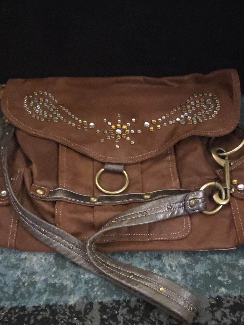 Kathy Van Zeeland Brown Studded Shoulder Bag with Gold Hardware